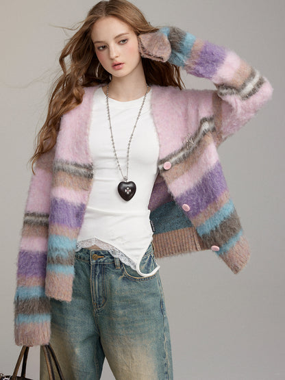 Brushed Colorblock Striped Knit Cardigan