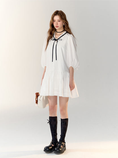 White Bowknot Tied Pleated Shirt Dress