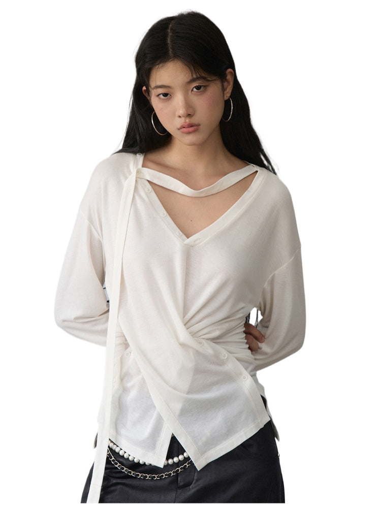 V-Neck Drawstring Waist Buttoned Blouse - CHINASQUAD