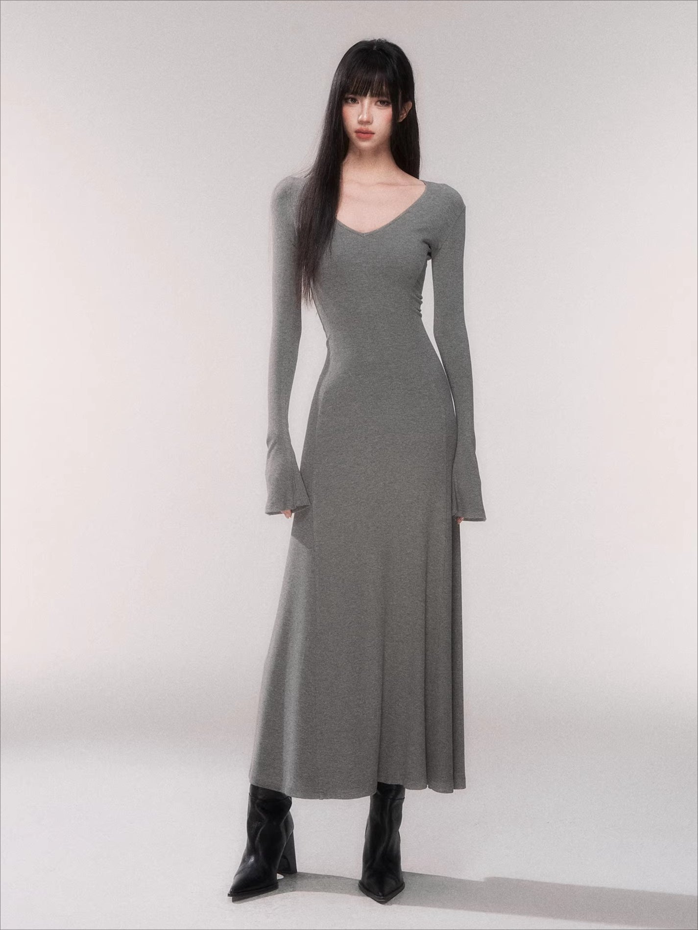 V-Neck Waist-Defining Knit Maxi Dress