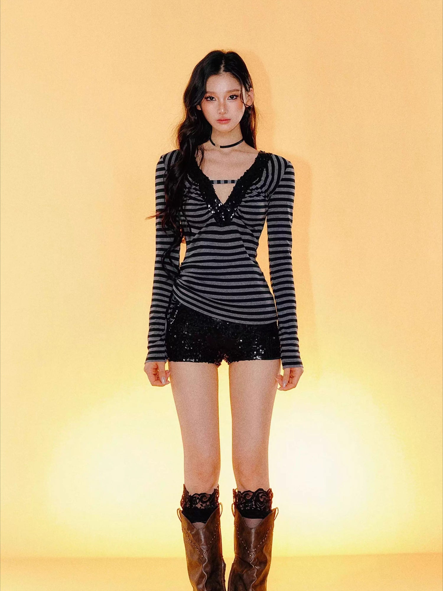 Striped V-Neck Slim-Fit Top &amp; Shorts Set