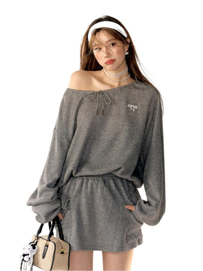 Asymmetric Embroidered Bow Sweatshirt &amp; Skirt Set