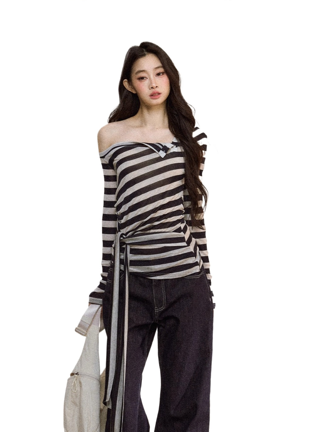 Asymmetric Stripe Off-Shoulder Tie Blouse