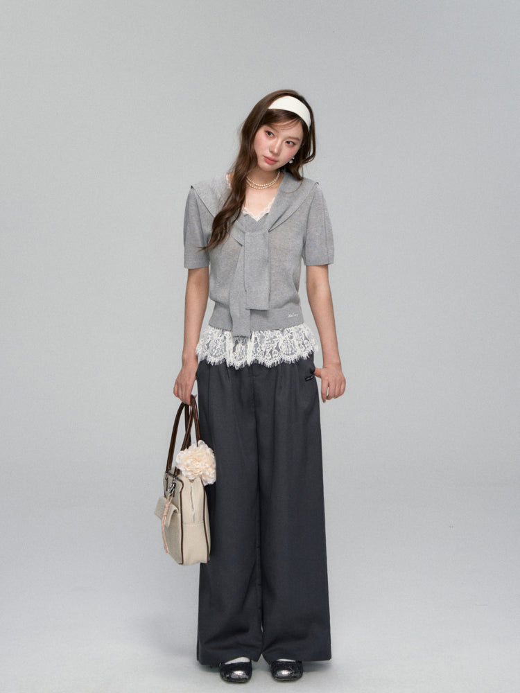 Waistband Lace-spliced Faux Two-piece Long Pants - CHINASQUAD