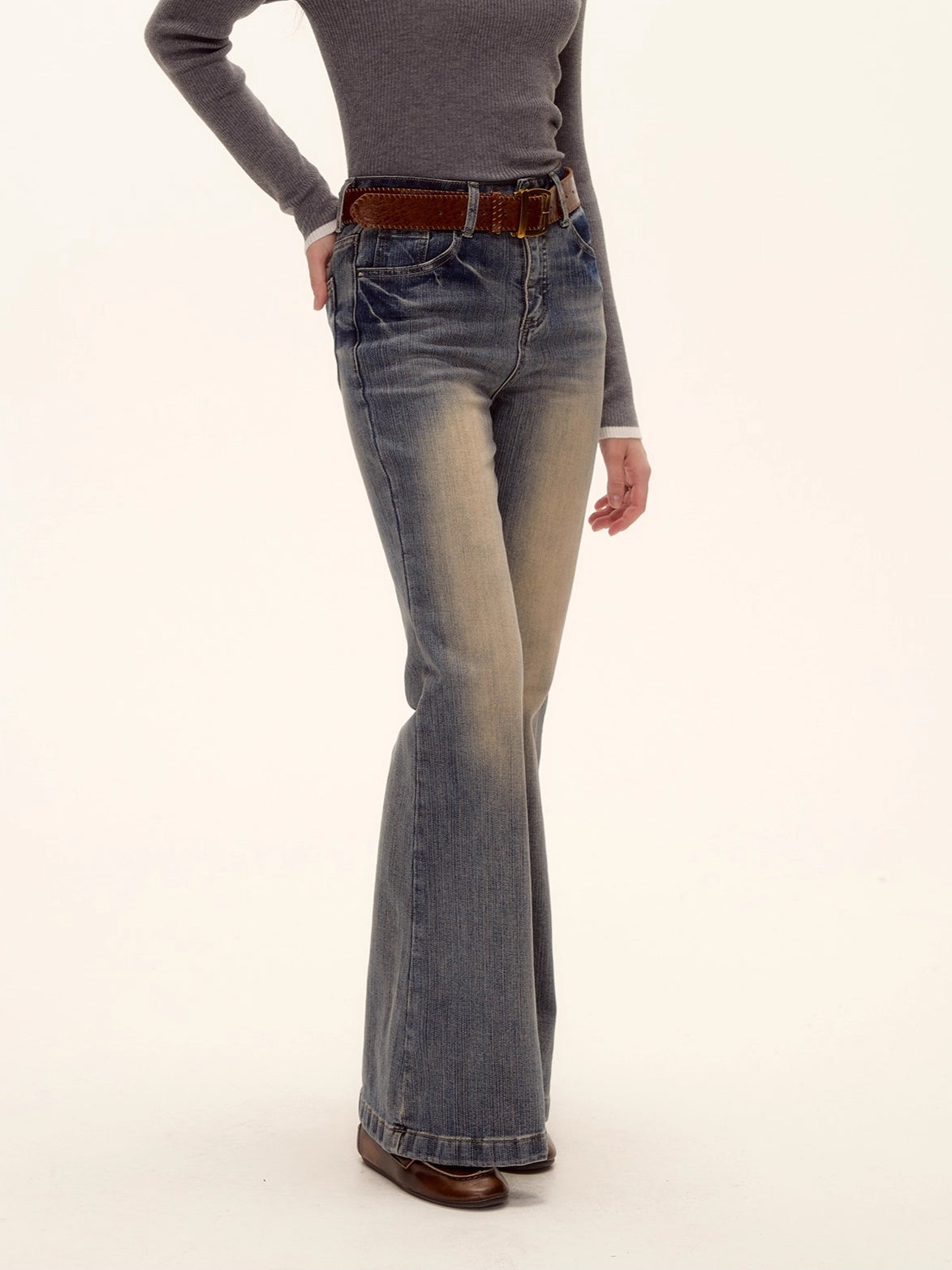 Textured Washed Flared Stretch Denim Pants