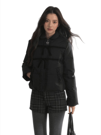 Velvet Bow Trim Down Jacket