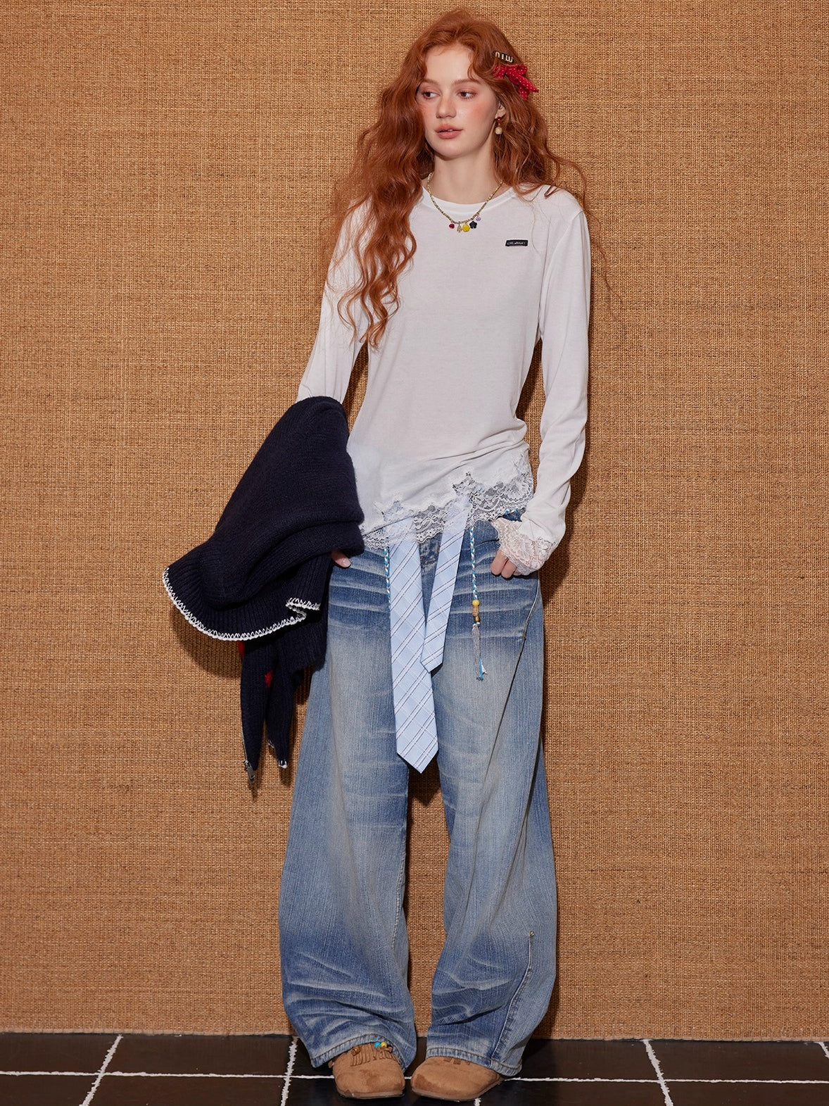 Lace-Paneled Round-Neck Long-Sleeve T-Shirt - CHINASQUAD