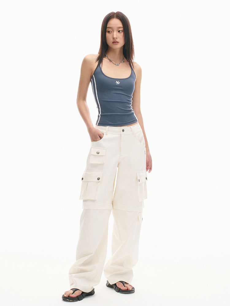 Loose-Fit Multi-Pocket White Casual Pants