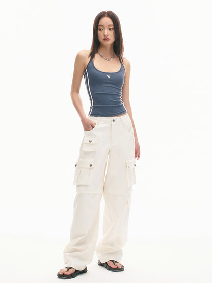 Loose-Fit Multi-Pocket White Casual Pants