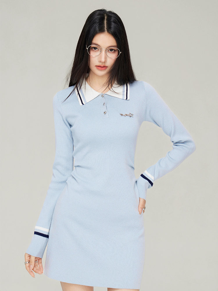 Polo Neck Waistline Knit Dress