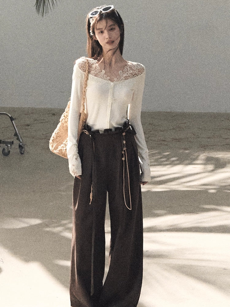 Sculpted Lace-Trim V-Neck Fitted Knit Cardigan