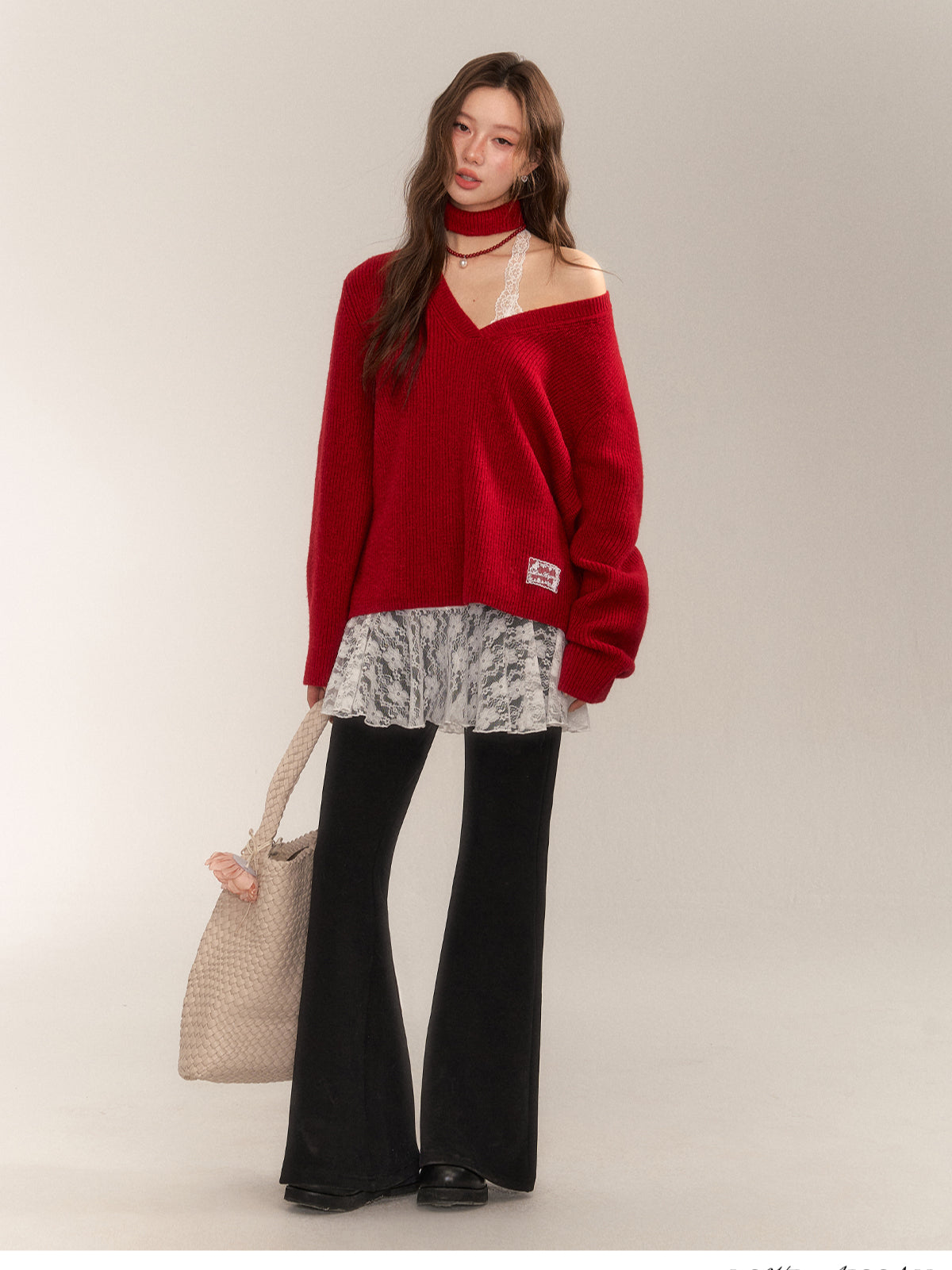 Halter V-Neck Loose Knit Sweater