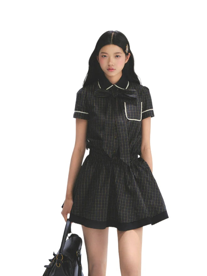 Bow Tie Plaid Dress - CHINASQUAD