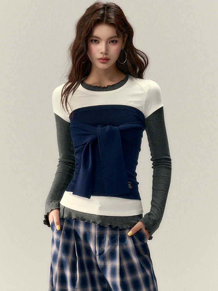 Gray &amp; Navy Blue Tie-Knitted Top