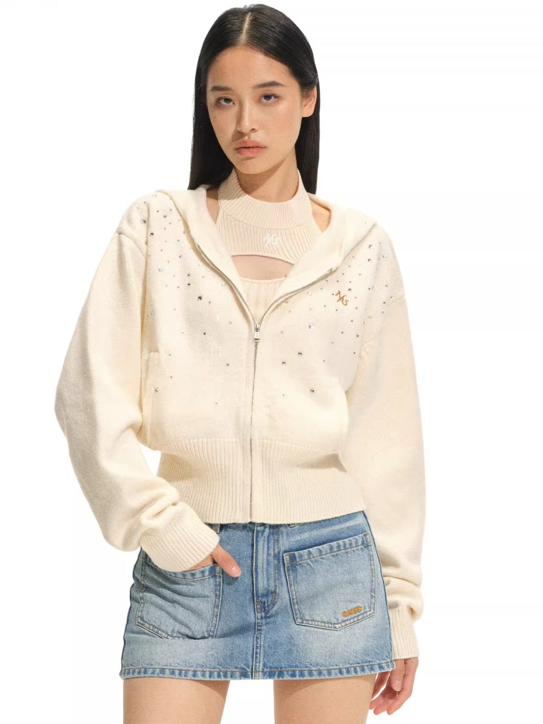 Stardust Gradient Rhinestone Hooded Knit Cardigan