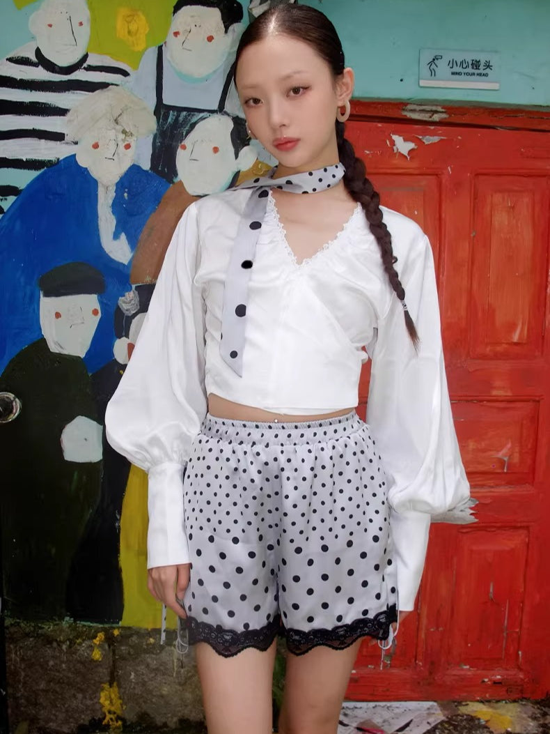 Convertible Ruched V-Neck Acetate Blouse