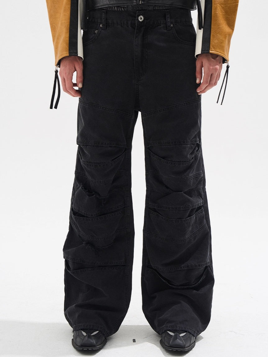 Layered Distressed Washed Loose Fit Denim Jeans