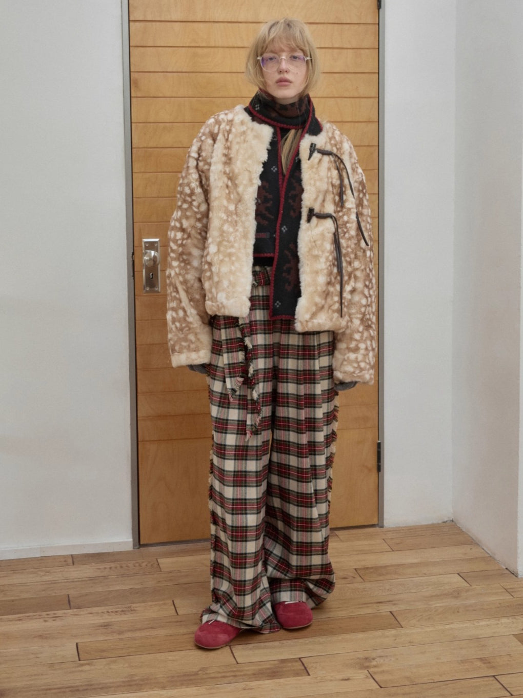 Vintage Red Plaid Brushed Cotton Wide-Leg Pants