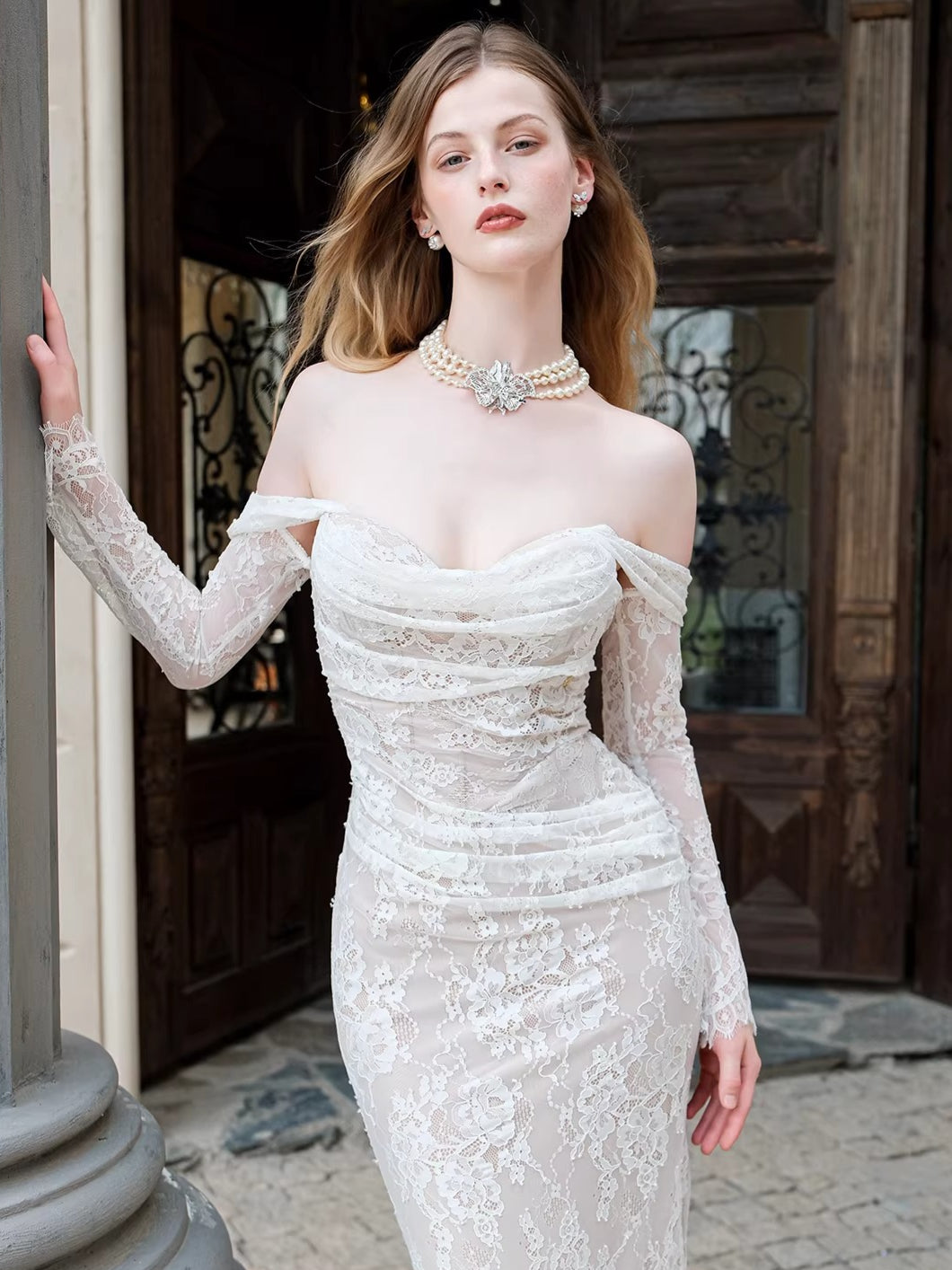 Off-Shoulder Lace-Panel Mermaid Maxi Dress