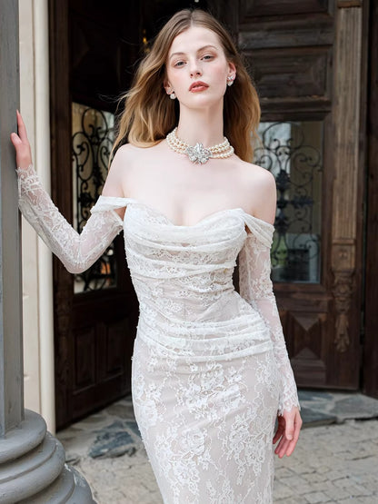 Off-Shoulder Lace-Panel Mermaid Maxi Dress