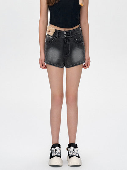 Fuzzy Bear High-Waist Denim Shorts