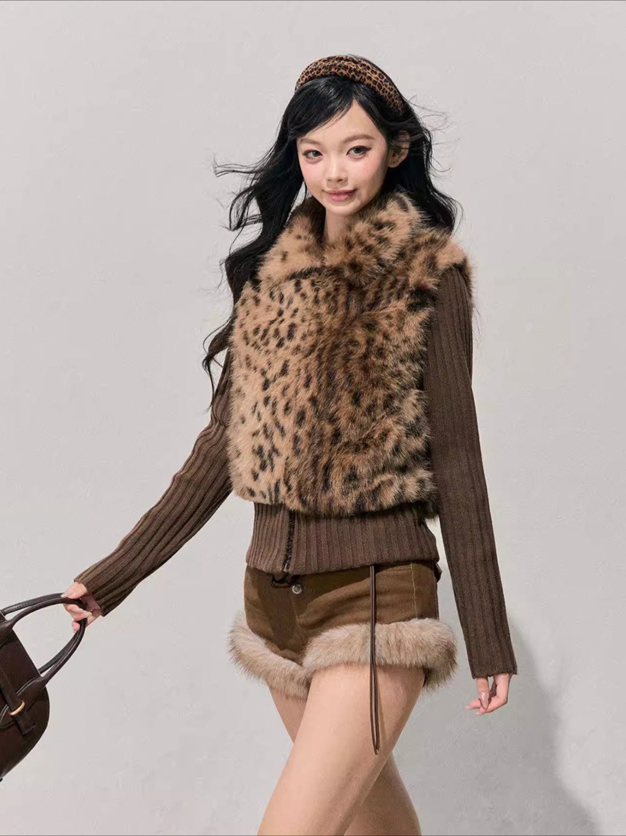 Faux Two-Piece Eco Fur Knit Jacket