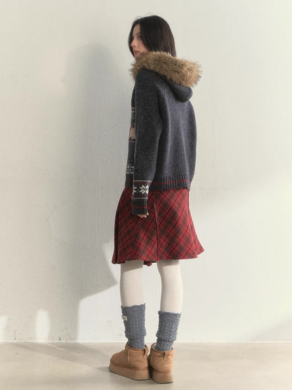 Charcoal Fair Isle Puppy Faux Fur Collar Knit Jacket