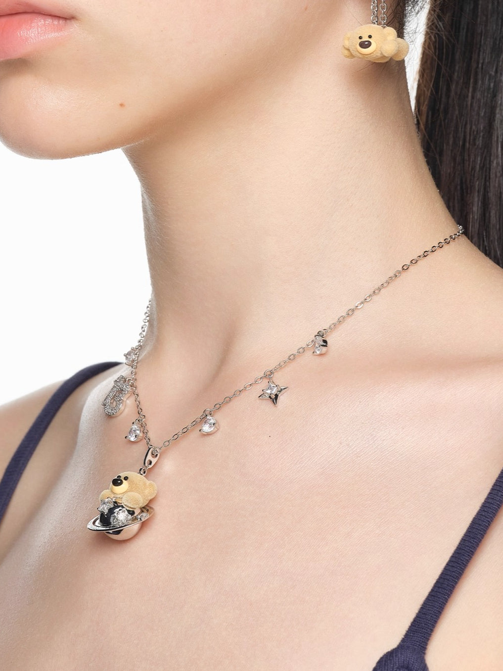 Playful Planet Flocked Bear Pendant Necklace