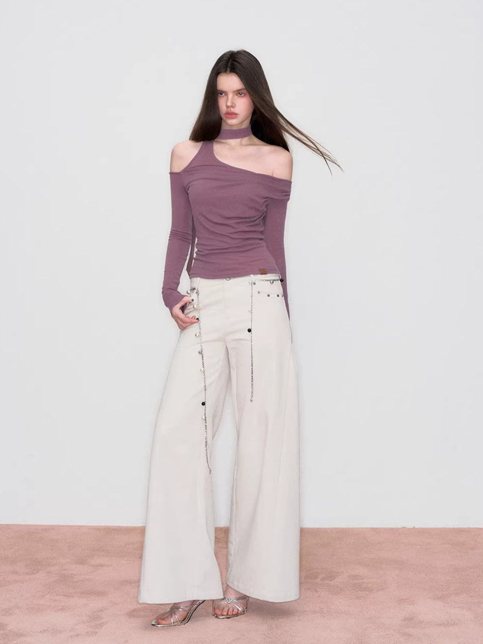 Asymmetric Off-Shoulder Knit T-Shirt