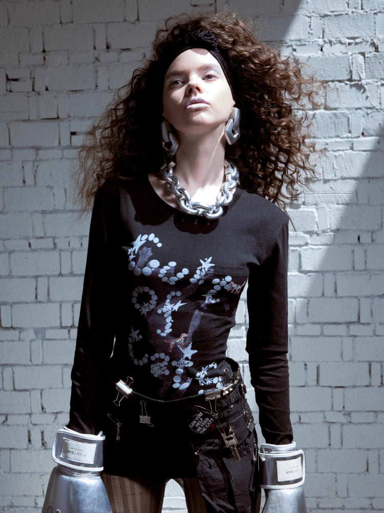 Printed Open-Back Hollow Long-Sleeve T-shirt