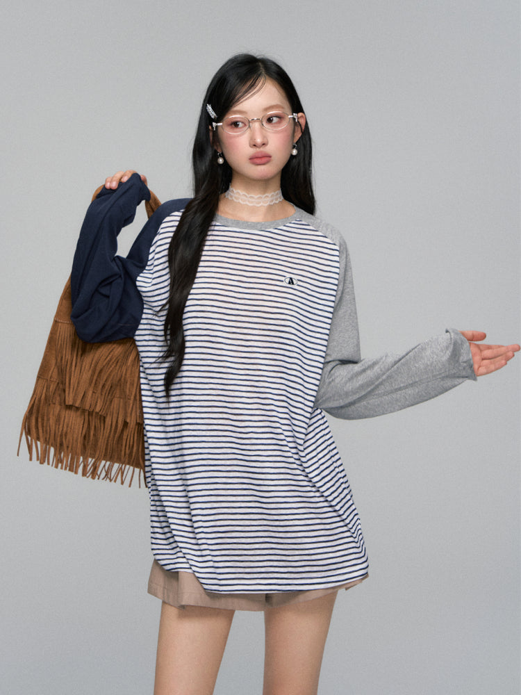 Color-block Striped Round-neck T-shirt