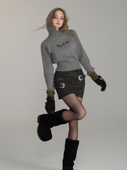 High-Neck Hoodie Knit Sweater