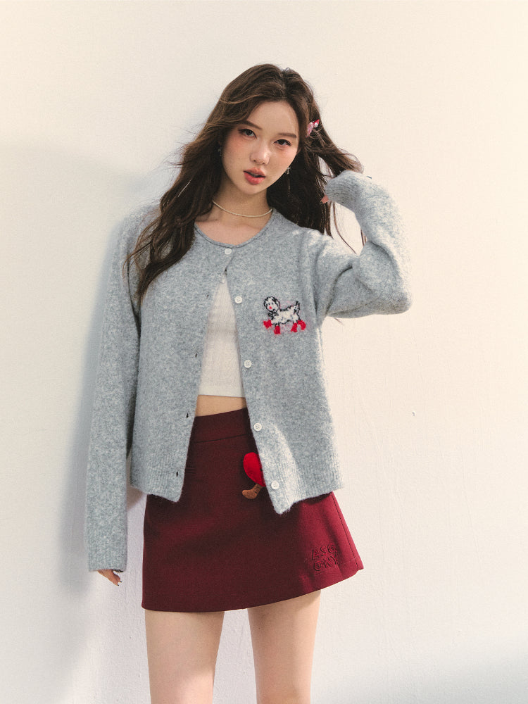 Crew Neck Dalmatian Jacquard Knit Cardigan - CHINASQUAD