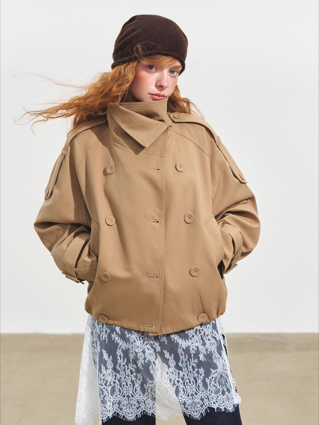 Stand Collar Double-Breasted Cropped Trench Coat