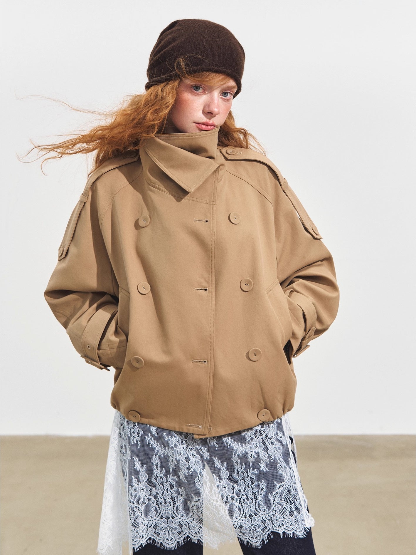 Stand Collar Double-Breasted Cropped Trench Coat