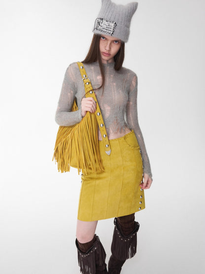 Mohair Distressed Fitted Cropped Sweater