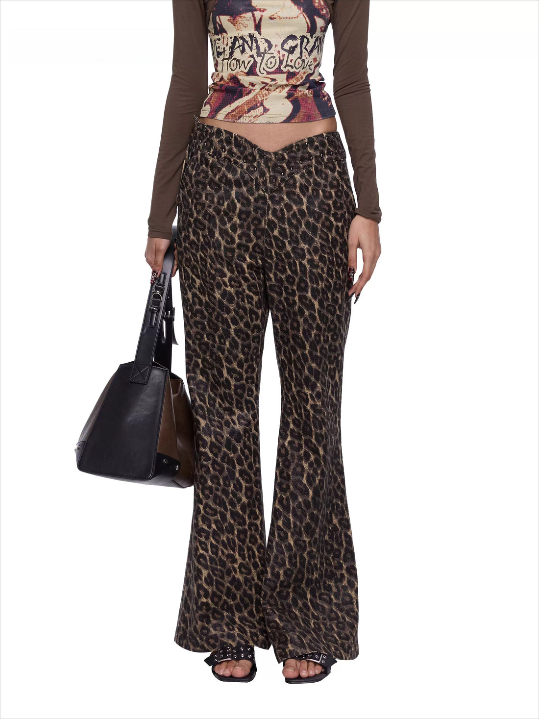 Studded Leopard-Print Micro-Flared Denim Pants