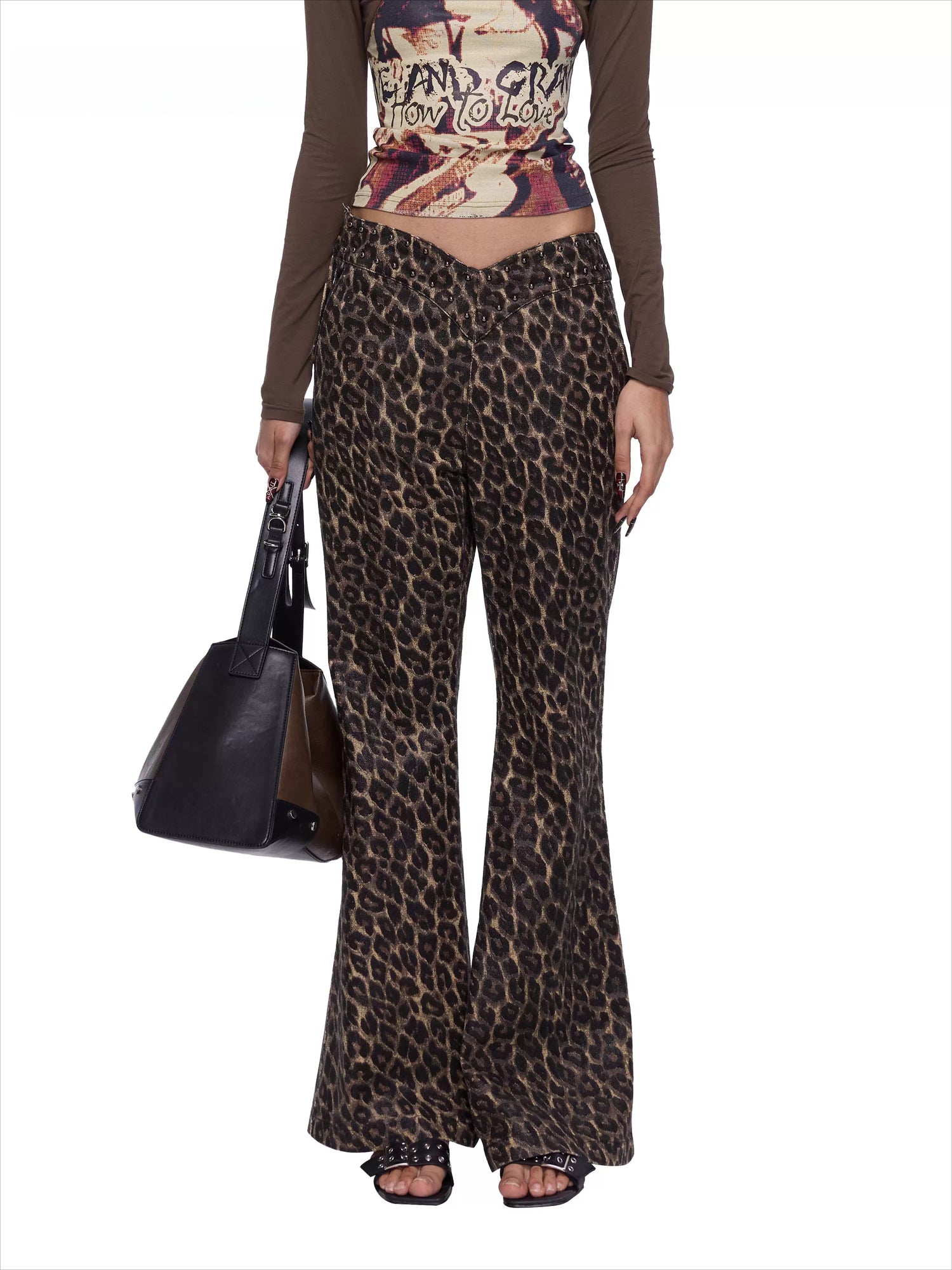 Studded Leopard-Print Micro-Flared Denim Pants