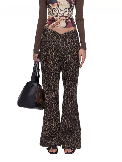 Studded Leopard-Print Micro-Flared Denim Pants