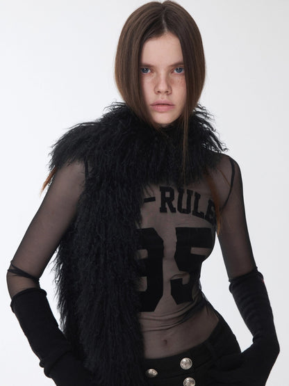 Velvet-Textured Sport Print Mesh Blouse