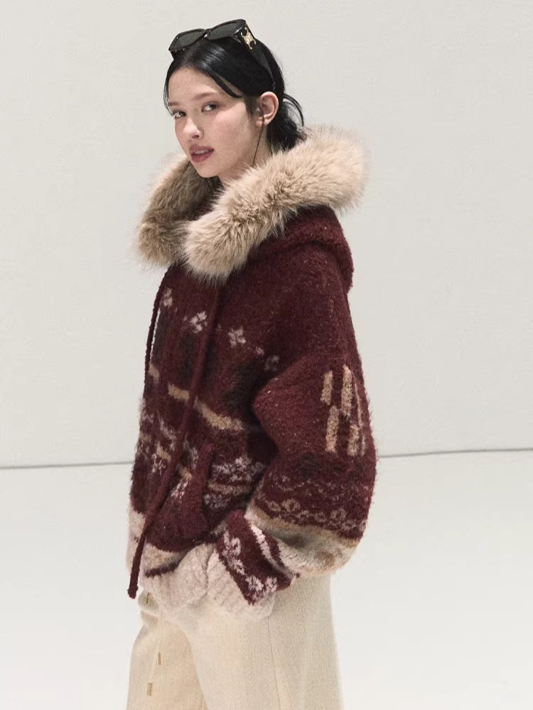 Detachable Fur-Collar Wool Hooded Cardigan