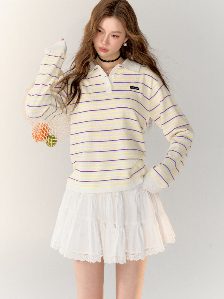 Color-block Striped Knit Polo Top