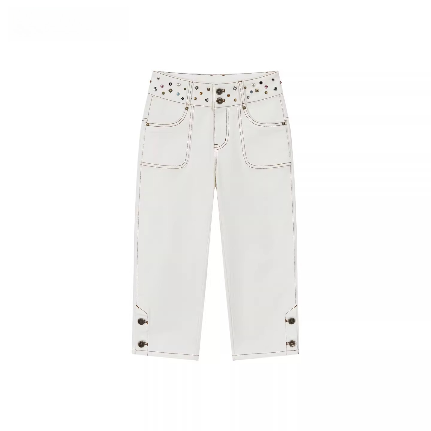 Studded Belt Cropped Denim Pants
