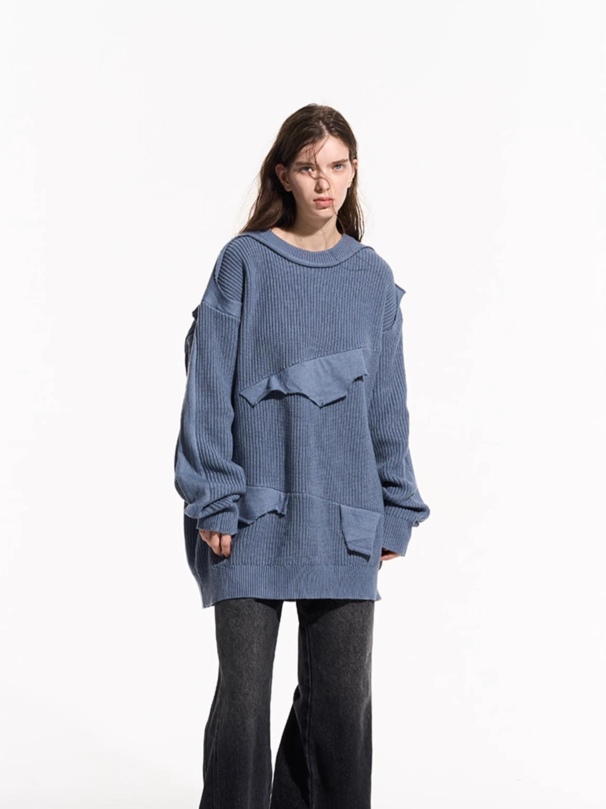 Cloud Texture Dual-Tone Distressed Knit Sweater