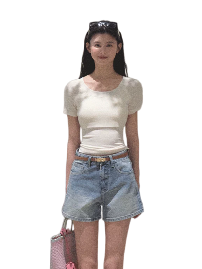 Turn-Back Glance Bow Backless Slim-Fit T-Shirt