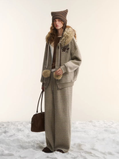 Plush Plaid Patchwork Jacket &amp; Straight-Leg Pants Set