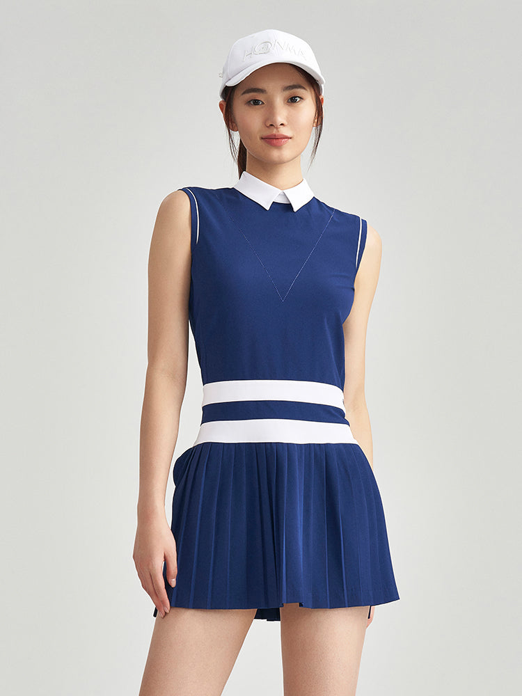 Sky Blue &amp; Navy Blue Golf Collar Sleeveless Pleated Dress