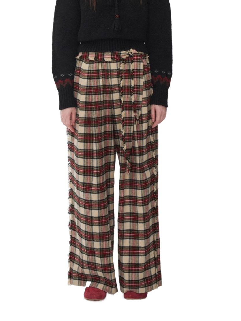Vintage Red Plaid Brushed Cotton Wide-Leg Pants