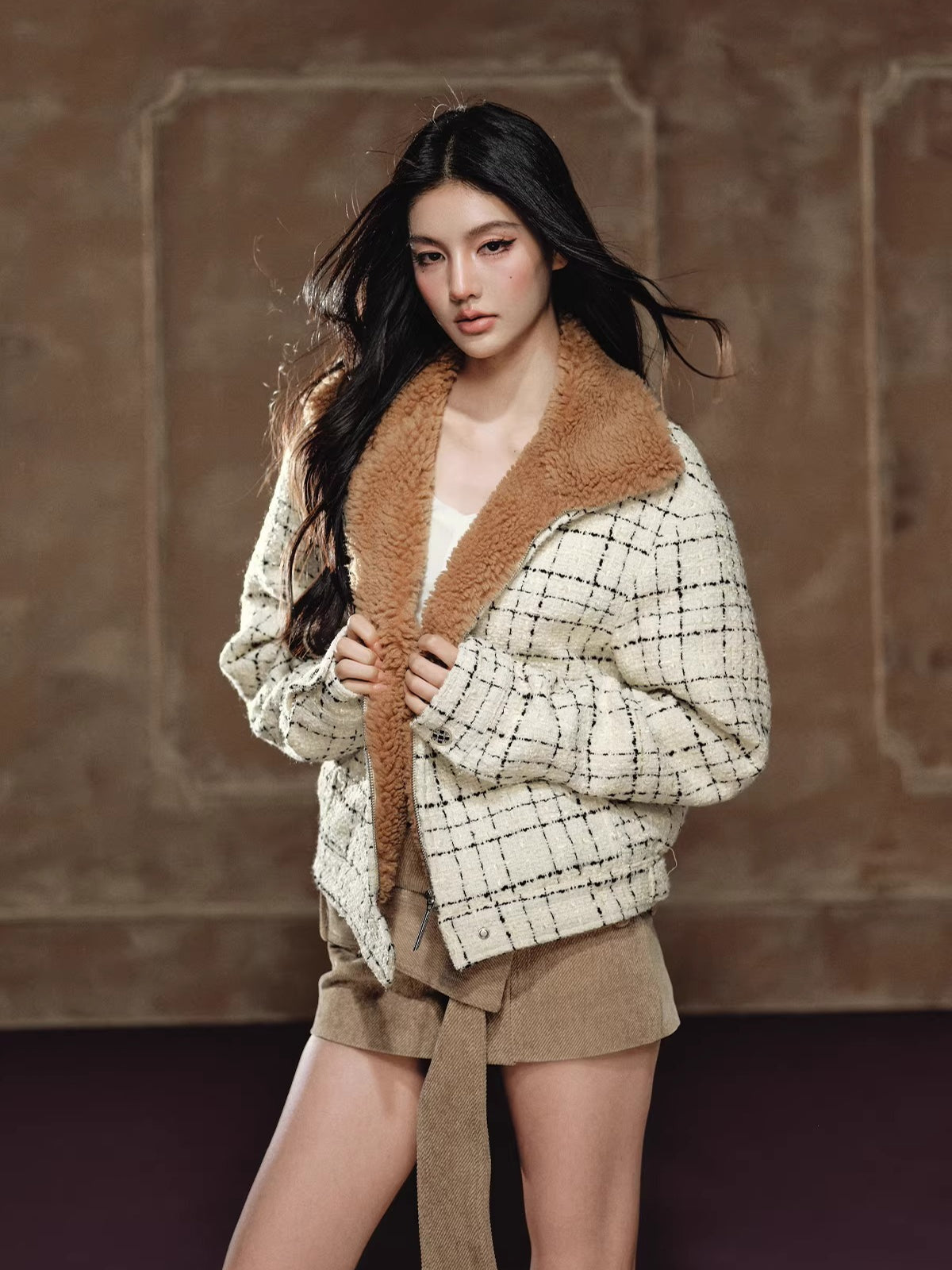 Faux Shearling Collar Wool-Blend Padded Jacket