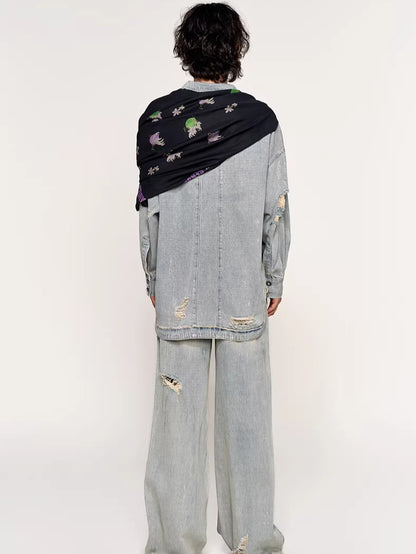 Silver-Foil Double-Waist Denim Pants